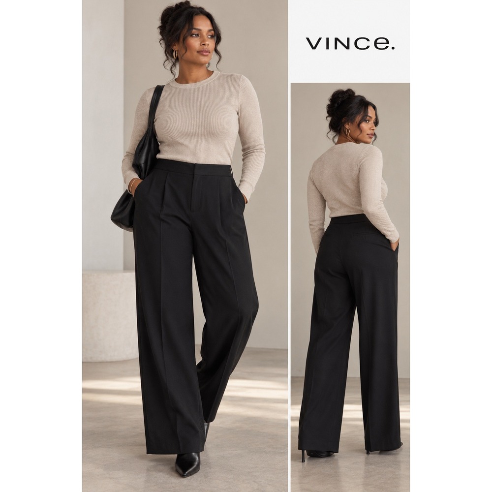 Vince Black Wool Blend High Rise Wide Leg Trousers Pants Medium